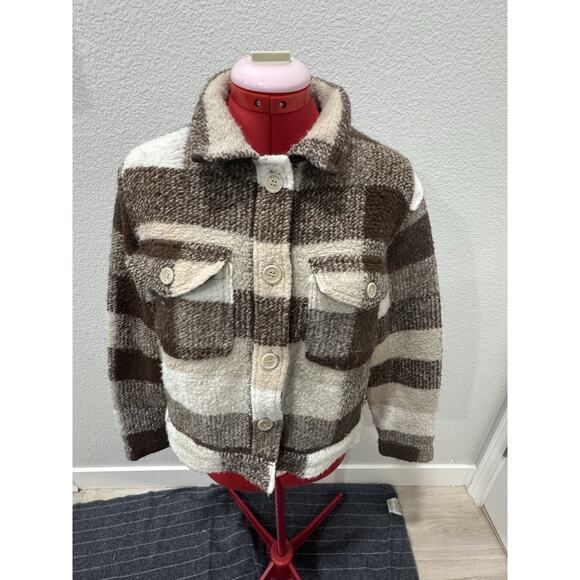 Brown Cream Plaid Wool Blend Shacket Button Down Jacket Coat - Picture 1 of 6